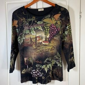 Y2K Cactus Womens Winery Tours Wine Lover Graphic Top Rhinestone Medium USA EUC